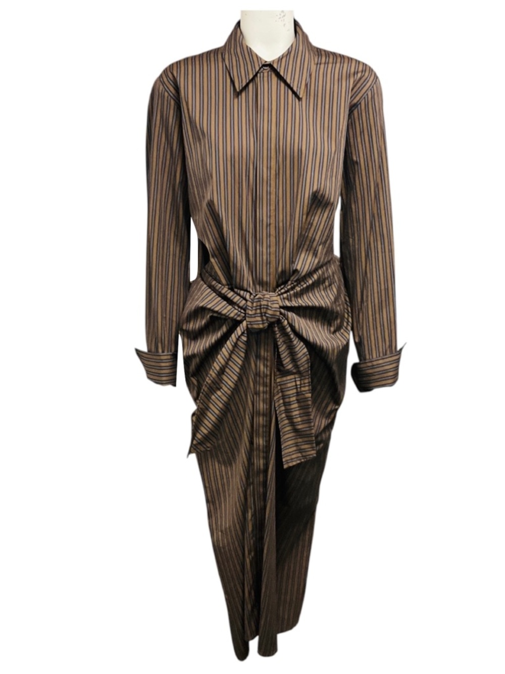 A.L.C. BROWN MULTI MILA STRIPED LONG SLEEVE MIDI SHIRT DRESS